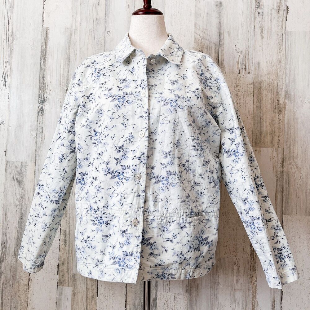 New Identity White Blue Floral L Jacket Cottage Coquette Boho 100% Cotton Casual